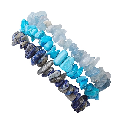 3Pcs Natural Aquamarine & Natural Lapis Lazuli & Synthetic Turquoise Chip Beaded Stretch Bracelet Sets BJEW-JB10861-1