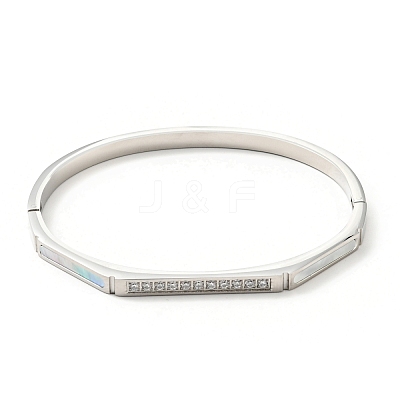 Shell Oval and Cubic Zirconia Hinged Bangle BJEW-G644-01-1
