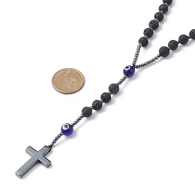 Natural Lava Rock & Synthetic Hematite Rosary Bead Necklaces NJEW-JN04460-1