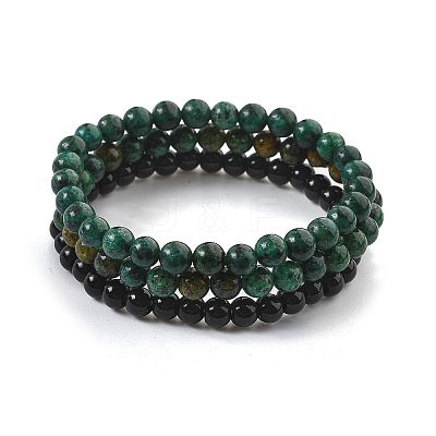 3Pcs 3 Style Natural African Turquoise(Jasper) & Black Agate Round Beaded Stretch Bracelets Set PW23030764297-1
