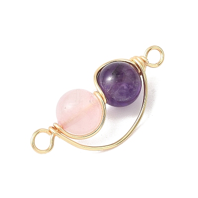 Copper Wire Wrapped Natural Rose Quartz & Amethyst Round Beded Links Connector Charms PALLOY-JF04678-03-1