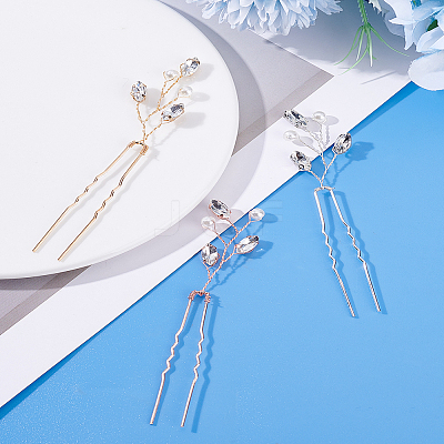 3Pcs 3 Colors Brass Rhinestone Hair Forks MRMJ-LP0001-06-1