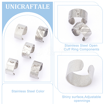 10Pcs 5 Styles 304 Stainless Steel Open Cuff Ring Components STAS-UN0054-83P-1