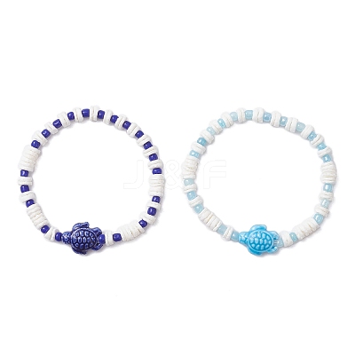 2Pcs Tortoise Handmade Porcelain & Glass Seed Beaded Bracelet Sets BJEW-JB12654-1
