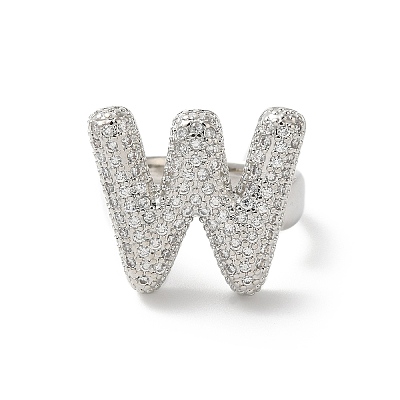 Letter Brass Micro Pave Clear Cubic Zirconia Open Cuff Ring for Women RJEW-N046-03W-P-1