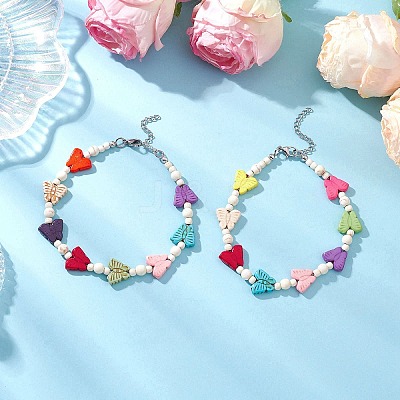 Dyed Synthetic Turquoise Round Butterfly Beaded Anklets AJEW-AN00710-1