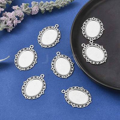 Tibetan Style Antique Silver Alloy Flat Oval Pendant Cabochon Settings X-TIBEP-M022-20AS-1