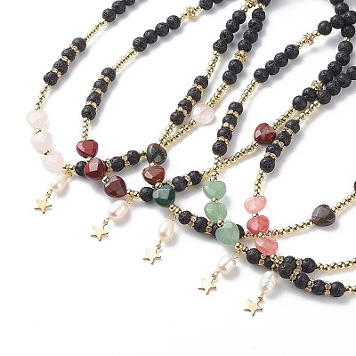 Natural Lava Rock & Gemstone Heart Beaded Necklace NJEW-JN03996-1