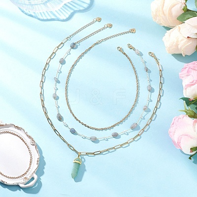 Natural Green Aventurine Double Terminated Pointed Bullet Pendant 304 Stainless Steel & Brass Chain 3 Layer Necklaces for Women NJEW-JN05477-02-1