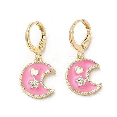 Moon & Star Golden Brass Dangle Leverback Earrings EJEW-L268-029G-02-1