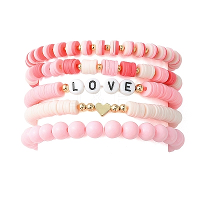 5Pcs 5 Style Word Love Acrylic & Brass Heart & Polymer Clay Disc Beaded Stretch Bracelets Set for Valentine's Day BJEW-TA00314-1