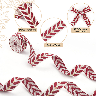 3 Yards Polyester Leaf Jacquard Ribbons SRIB-WH20020-020F-1
