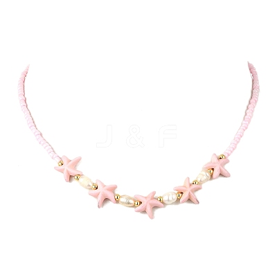 2Pcs 2 Styles Ocean Turtle Starfish Synthetic Turquoise & Natural Pearl & Glass Seed Beaded Necklaces NJEW-JN06130-01-1