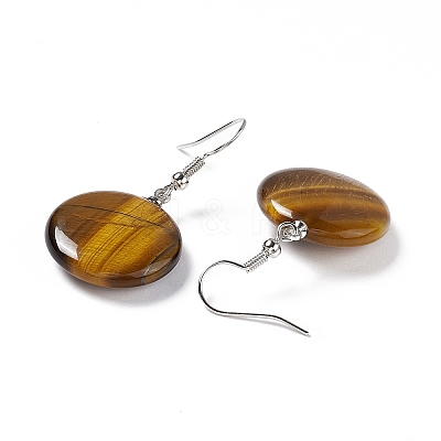 Natural Tiger Eye Flat Round Dangle Earrings EJEW-D188-03P-07-1