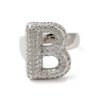 Letter Brass Micro Pave Clear Cubic Zirconia Open Cuff Ring for Women RJEW-N046-03B-P-1