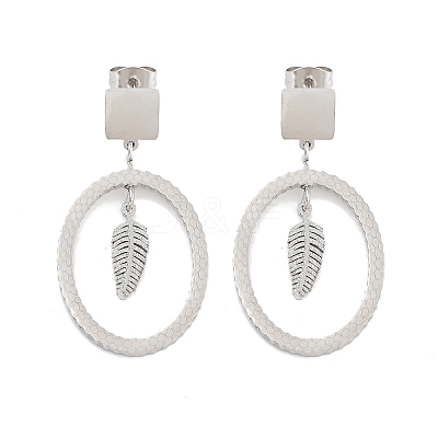 Tarnish Resistant Oval with Leaf 304 Stainless Steel Dangle Earrings EJEW-L283-108P-1
