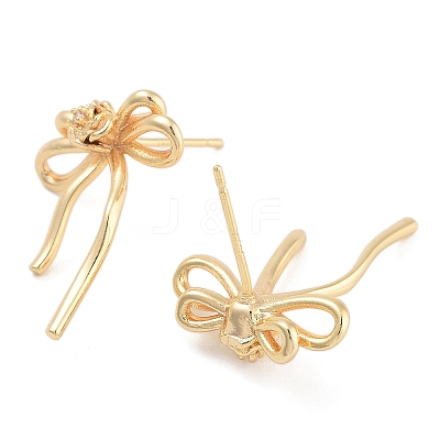Bowknot Brass Pave Clear Cubic Zirconia Stud Earrings for Women EJEW-S216-02C-G-1