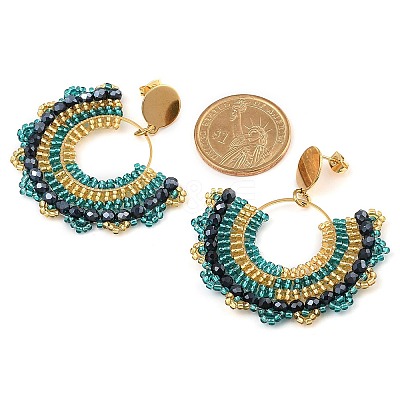 304 Stainless Steel & Bohemian Beaded Fan Dangle Stud Earrings for Women EJEW-R001-05G-01-1