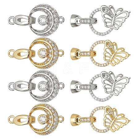 DICOSMETIC 8Pcs 4 Styles Flat Round & Butterfly Brass Clear Cubic Zirconia Fold Over Clasps KK-DC0001-64-1