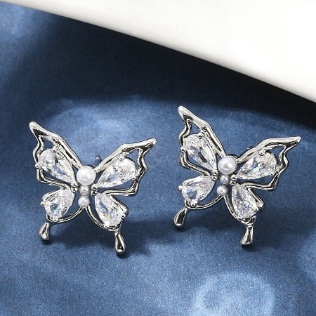 Butterfly Brass Micro Pave Cubic Zirconia Stud Earrings EJEW-M082-17P-02-1