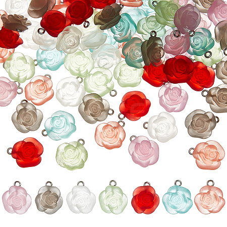   70Pcs 7 Colors Transparent Frosted Resin Rose Pendants RESI-PH0001-74-1