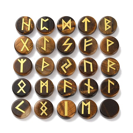 Brass Elder Futhark Alphabet Engraved Symbol Flat Round Natural Tiger Eye Rune Stones G-I373-01L-1