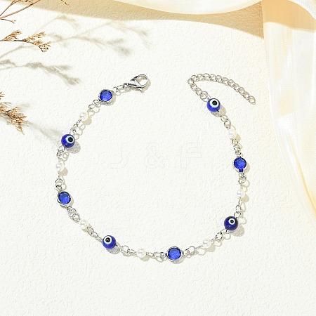 304 Stainless Steel & Glass & Blue Evil Eye Lampwork & Shell Pearl Link Chain Anklets AJEW-AN00812-1