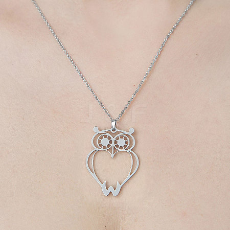 Non-Tarnish 201 Stainless Steel Hollow Owl Pendant Necklace NJEW-OY002-03-1