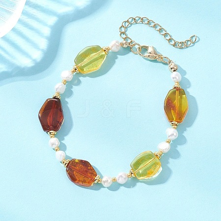 Gradient Color Natural Amber & Freshwater Pearl Beaded Bracelets for Women BJEW-JB13551-1