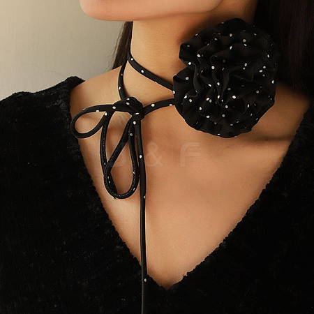 Polka Dot Pattern Fabric Rose Tie Choker Necklaces for Women LS-NJEW-Z022-01D-1