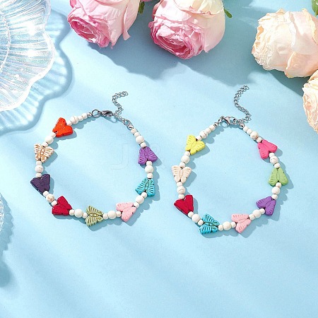 Dyed Synthetic Turquoise Round Butterfly Beaded Anklets AJEW-AN00710-1