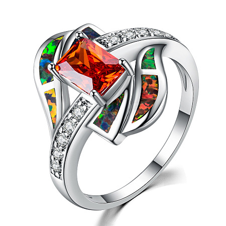 Brass Micro Pave Cubic Zirconia and Opal Finger Rings FS-WG9EA6B-06-1