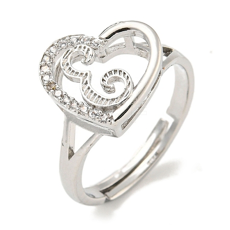 Heart with Letter Rack Plating Brass Micro Pave Cubic Zirconia Adjustable Rings for Women RJEW-I105-06P-E-1