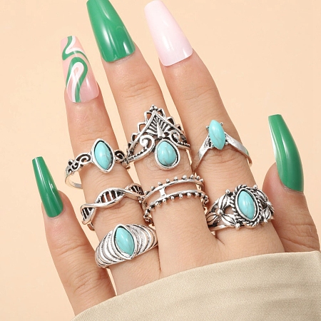 7Pcs Synthetic Turquoise Finger Rings Sets PW-WG28D17-01-1