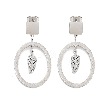 Tarnish Resistant Oval with Leaf 304 Stainless Steel Dangle Earrings EJEW-L283-108P-1