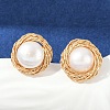 Flat Round Brass Imitation Pearl Stud Earrings KK-D301-10G-5