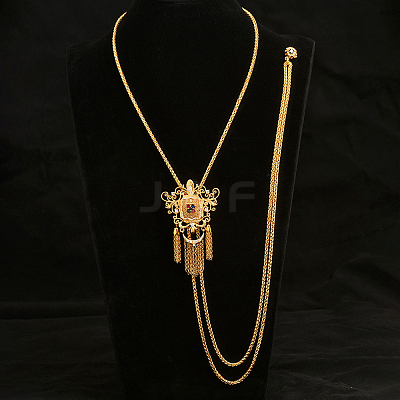 Vintage Gothic Style Brass Pave Cubic Zirconia Flower Long Tassel Lariat Necklace Brooch for Women GO0016-2-1