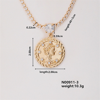 Fashion Brass Rhinestones Flat Round Pendant Necklace for Women AB9344-3-1