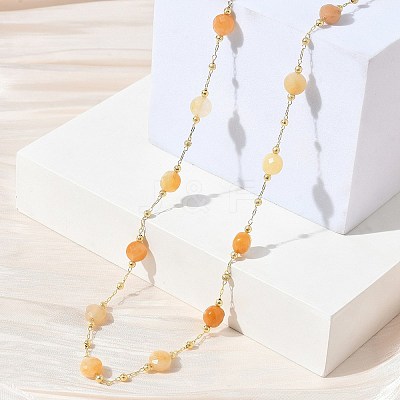Natural Yellow Aventurine Faceted Flat Round Beaded Chain Necklaces with Matte Brass Beads GG-CBA37F5-01G-08-1