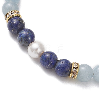 Natural Lapis Lazuli & Dyed Natural Quartz Imitation Aquamarine & Shell Pearl Round Beaded Braided Bead Bracelets BJEW-JB13392-03-1