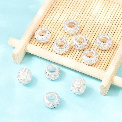 Polymer Clay Rhinestone European Large Hole Beads with Silver Color Plated Brass Cores FPDL-R002-15-1