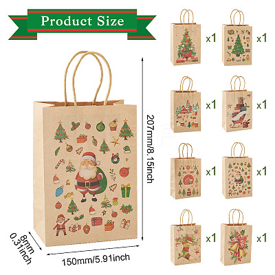 8Pcs 8 Styles Christmas Theme Printed Kraft Paper Bags with Handles ABAG-TA0001-59-1