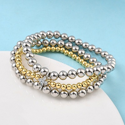 Brass Micro Pave Cubic Zirconia Round Beaded Multi-Strand Bracelets for Women BJEW-B148-02B-PG-1