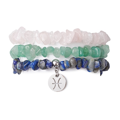 3Pcs 3 Styles Natural Green Aventurine & Rose Quartz & Lapis Lazuli Chips Stretch Bracelets Sets BJEW-JB11076-02-1