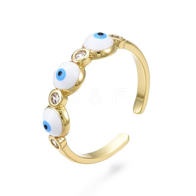 Clear Cubic Zirconia Evil Eye Open Cuff Ring with Enamel for Women RJEW-N035-099-1