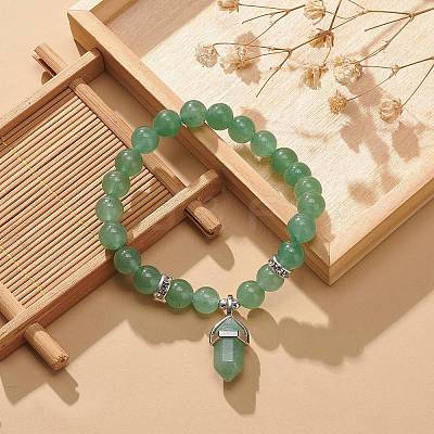 Natural Green Aventurine Round Beaded Stretch Bracelet with Bullet Charms BJEW-JB09018-02-1