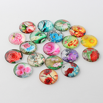 Flower Printed Glass Cabochons GGLA-A002-12mm-BB-1