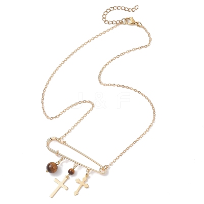 201 Stainless Steel Satety Pin with Round Natural Tiger Eye Pendant Brass Cable Chain Necklaces for Women NJEW-TA00214-1