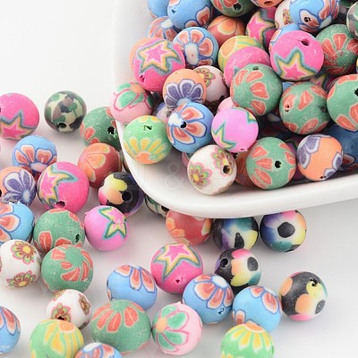 Handmade Flower Pattern Polymer Clay Round Beads X-CLAY-Q172-M-1
