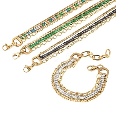 304 Stainless Steel & Glass Double Layers Chain Bracelets for Women BJEW-F540-10G-1